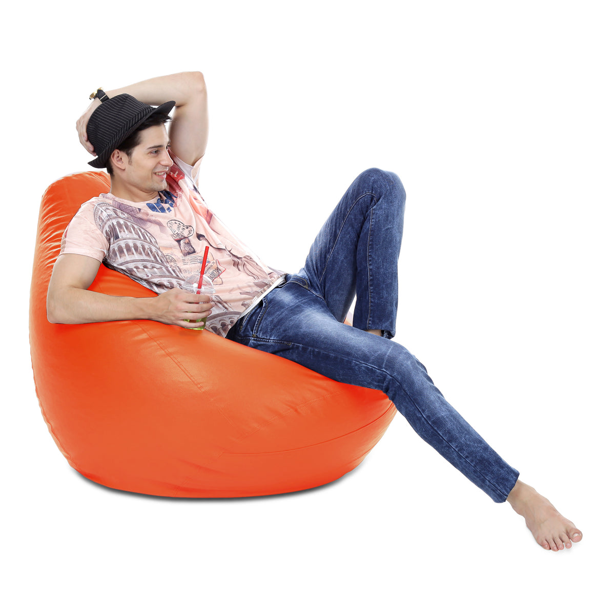 Style Homez Premium Leatherette Classic Bean Bag XXXL Size Orange Color Filled with Beans Fillers