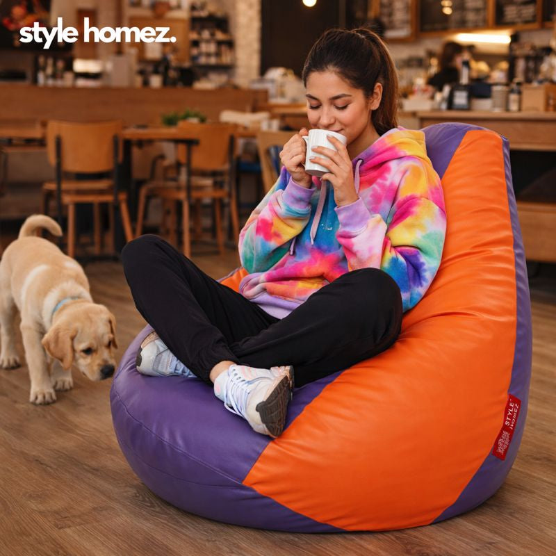 Style Homez Premium Leatherette Classic Bean Bag XXXL Size Purple Orange Color Filled with Beans Fillers