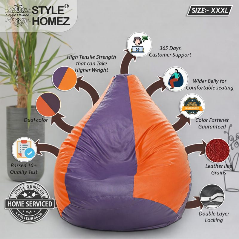 Style Homez Premium Leatherette Classic Bean Bag XXXL Size Purple Orange Color Filled with Beans Fillers
