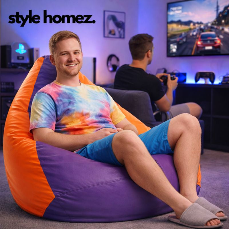 Style Homez Premium Leatherette Classic Bean Bag XXXL Size Purple Orange Color Filled with Beans Fillers