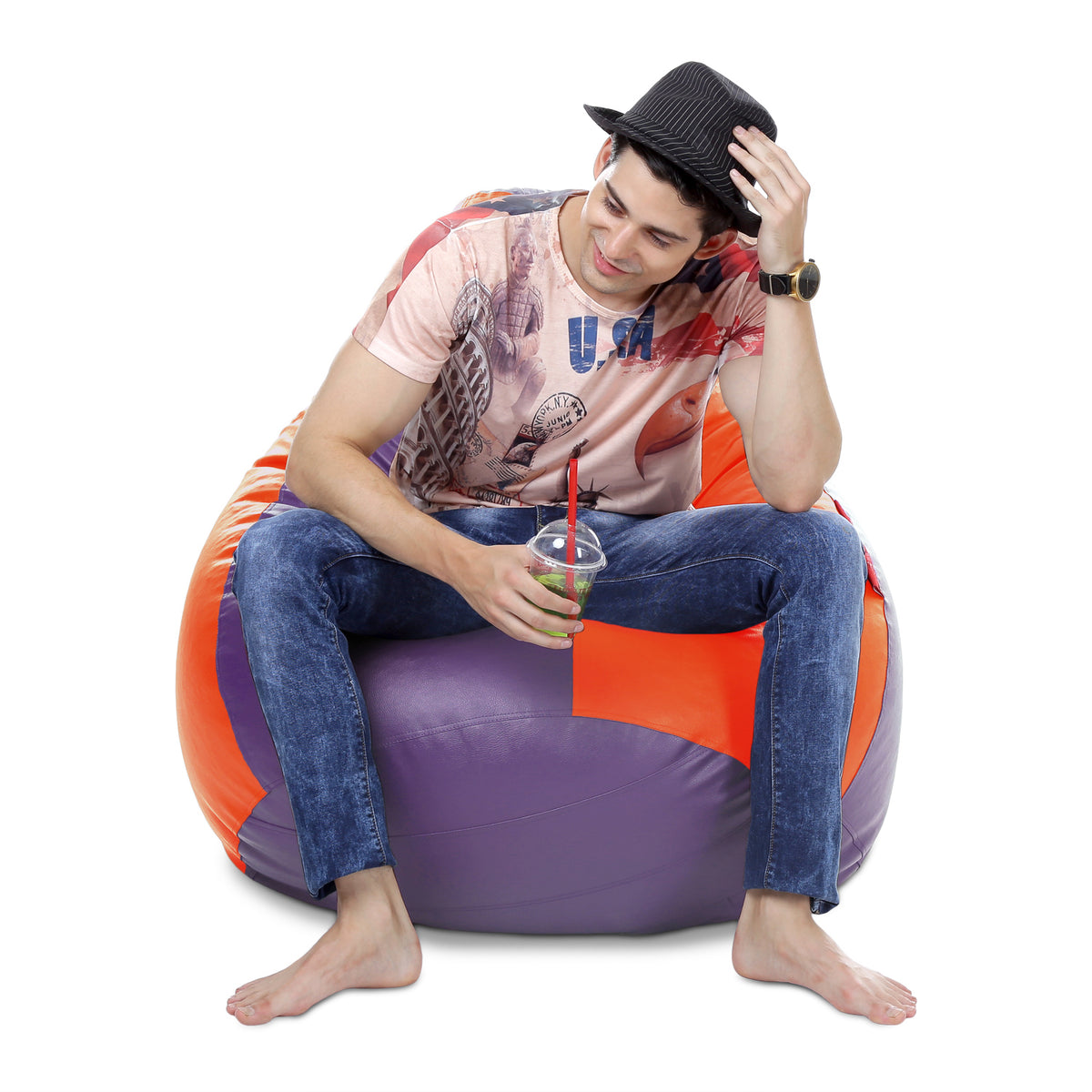 Style Homez Premium Leatherette Classic Bean Bag XXXL Size Purple Orange Color Filled with Beans Fillers