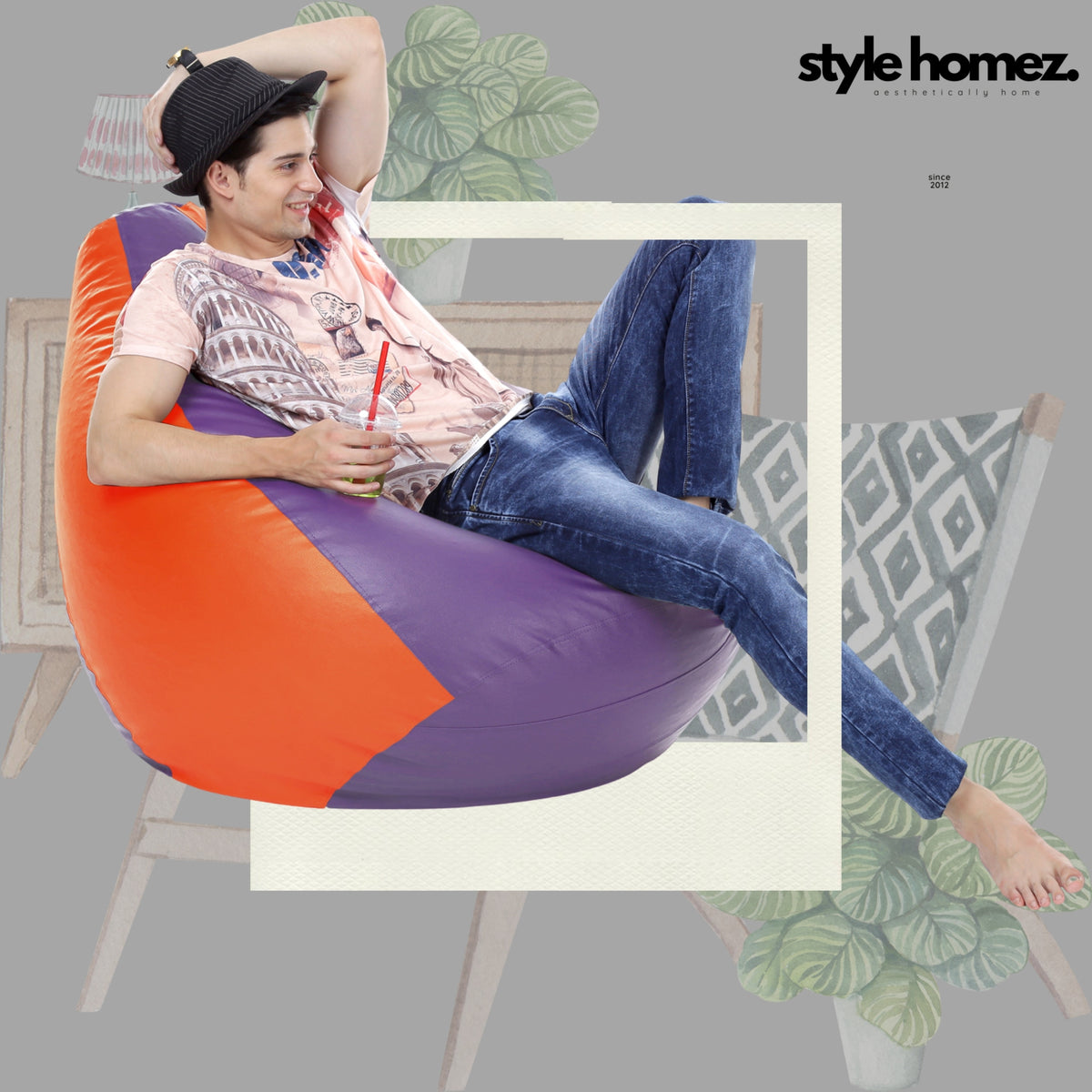 Style Homez Premium Leatherette Classic Bean Bag XXXL Size Purple Orange Color Filled with Beans Fillers