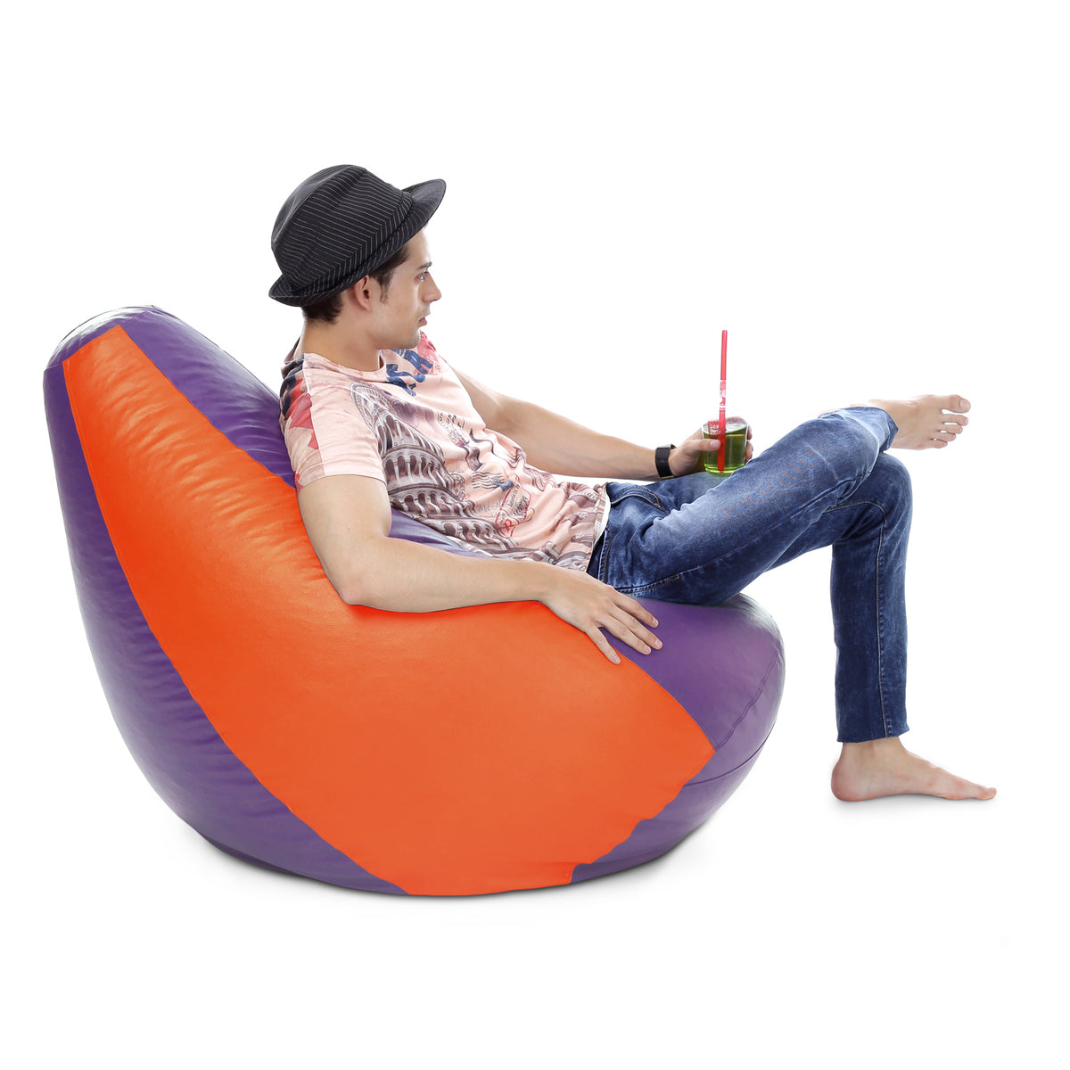 Style Homez Premium Leatherette Classic Bean Bag XXXL Size Purple Orange Color Filled with Beans Fillers