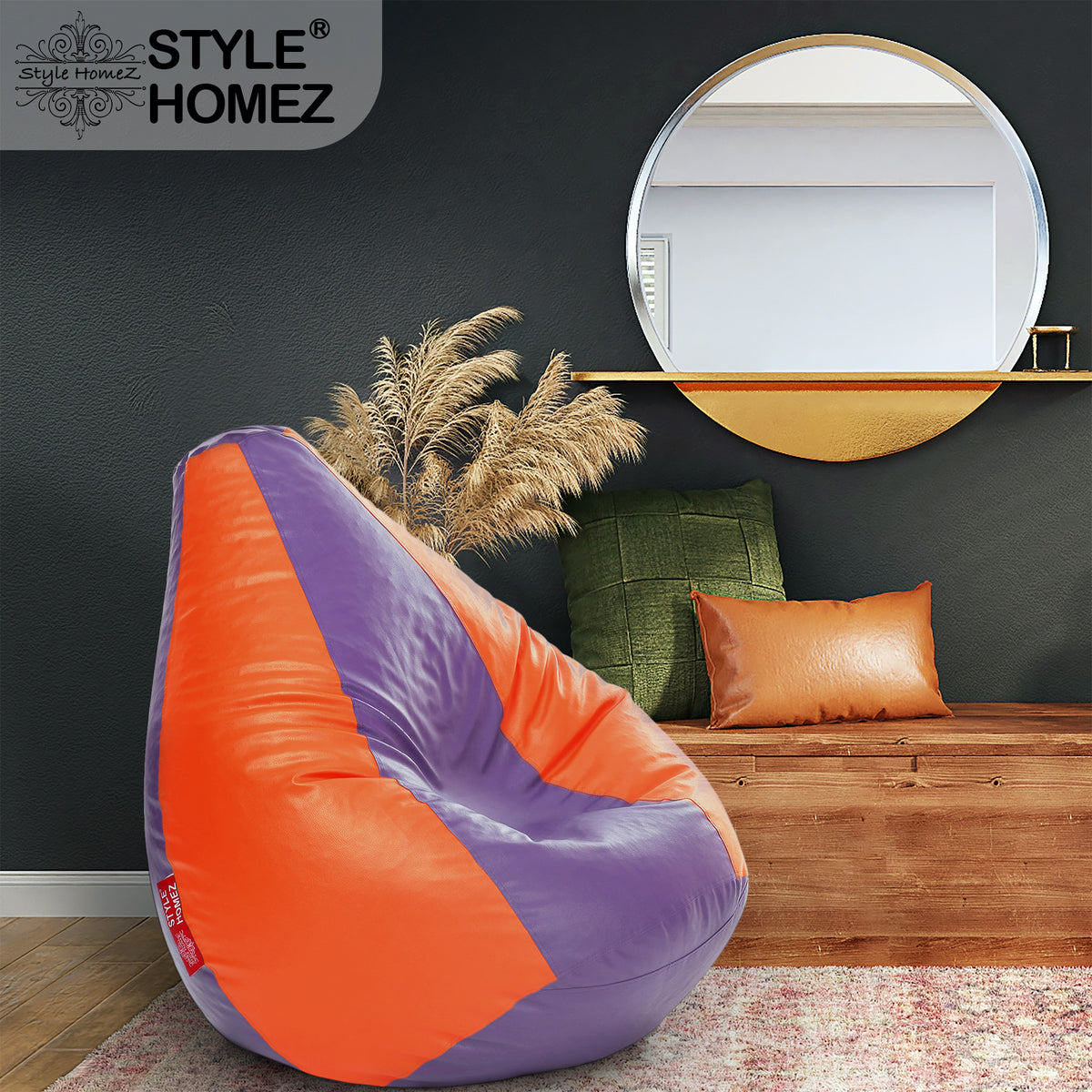 Style Homez Premium Leatherette Classic Bean Bag XXXL Size Purple Orange Color Filled with Beans Fillers