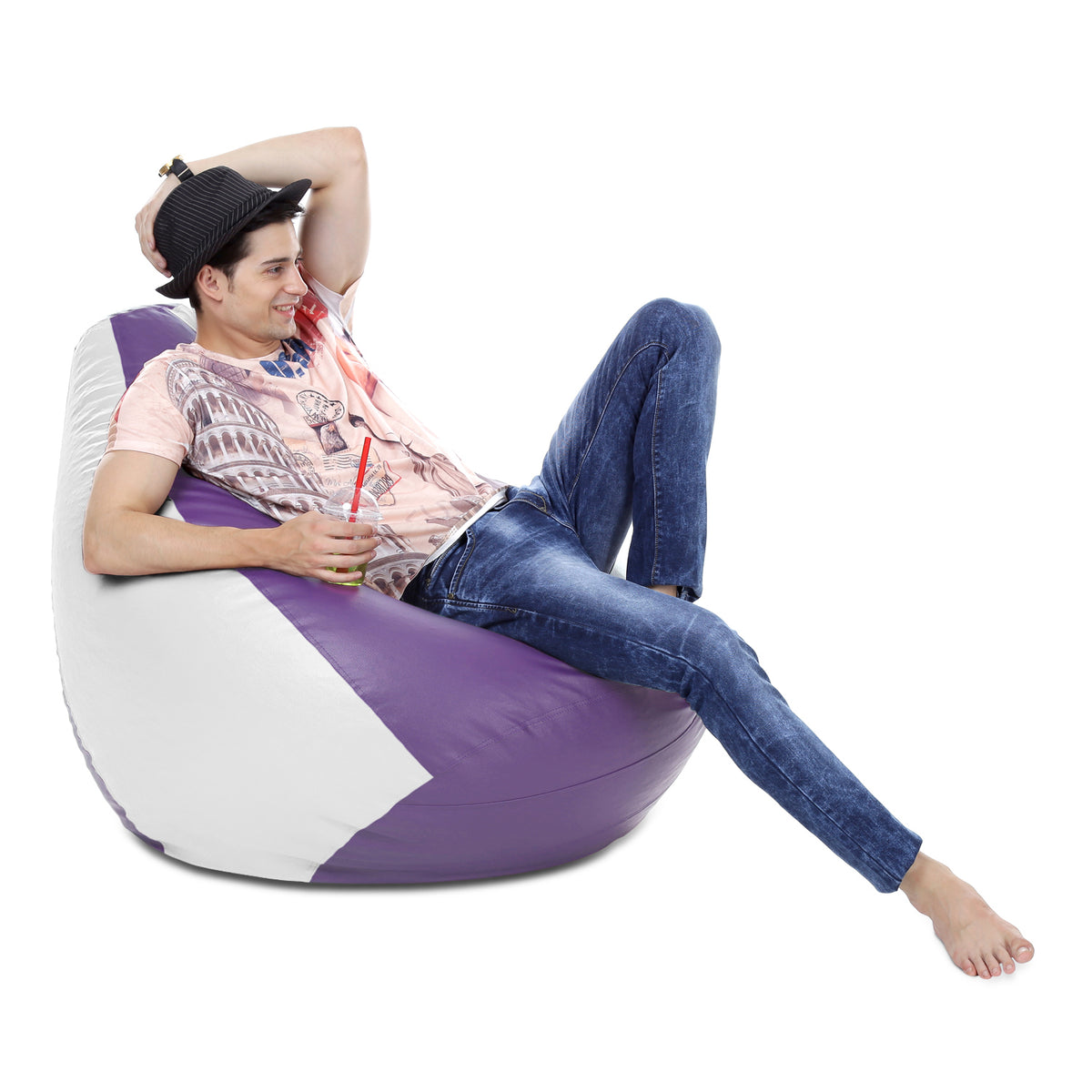 Style Homez Premium Leatherette Classic Bean Bag XXXL Size Purple White Color Filled with Beans Fillers