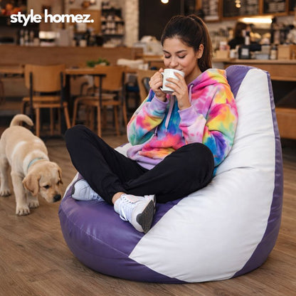 Style Homez Premium Leatherette Classic Bean Bag XXXL Size Purple White Color Filled with Beans Fillers