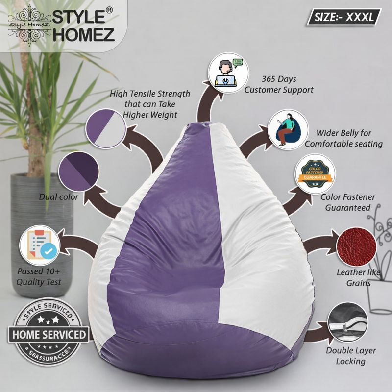 Style Homez Premium Leatherette Classic Bean Bag XXXL Size Purple White Color Filled with Beans Fillers