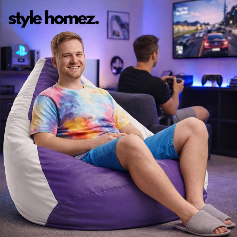 Style Homez Premium Leatherette Classic Bean Bag XXXL Size Purple White Color Filled with Beans Fillers