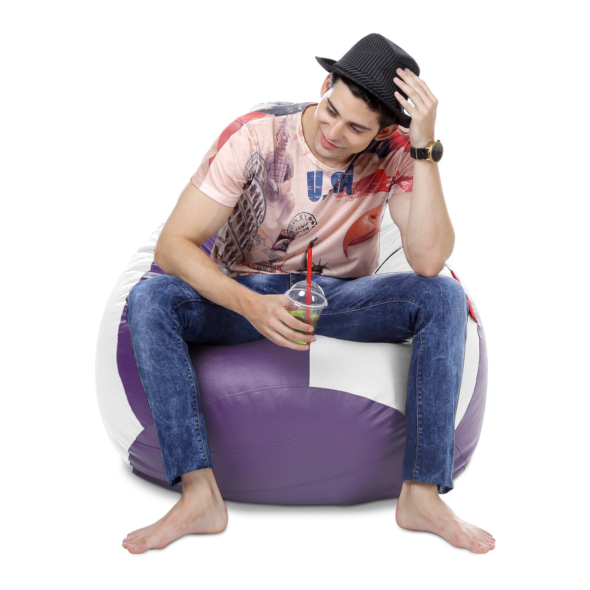Style Homez Premium Leatherette Classic Bean Bag XXXL Size Purple White Color Filled with Beans Fillers