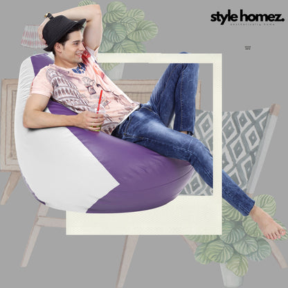 Style Homez Premium Leatherette Classic Bean Bag XXXL Size Purple White Color Filled with Beans Fillers