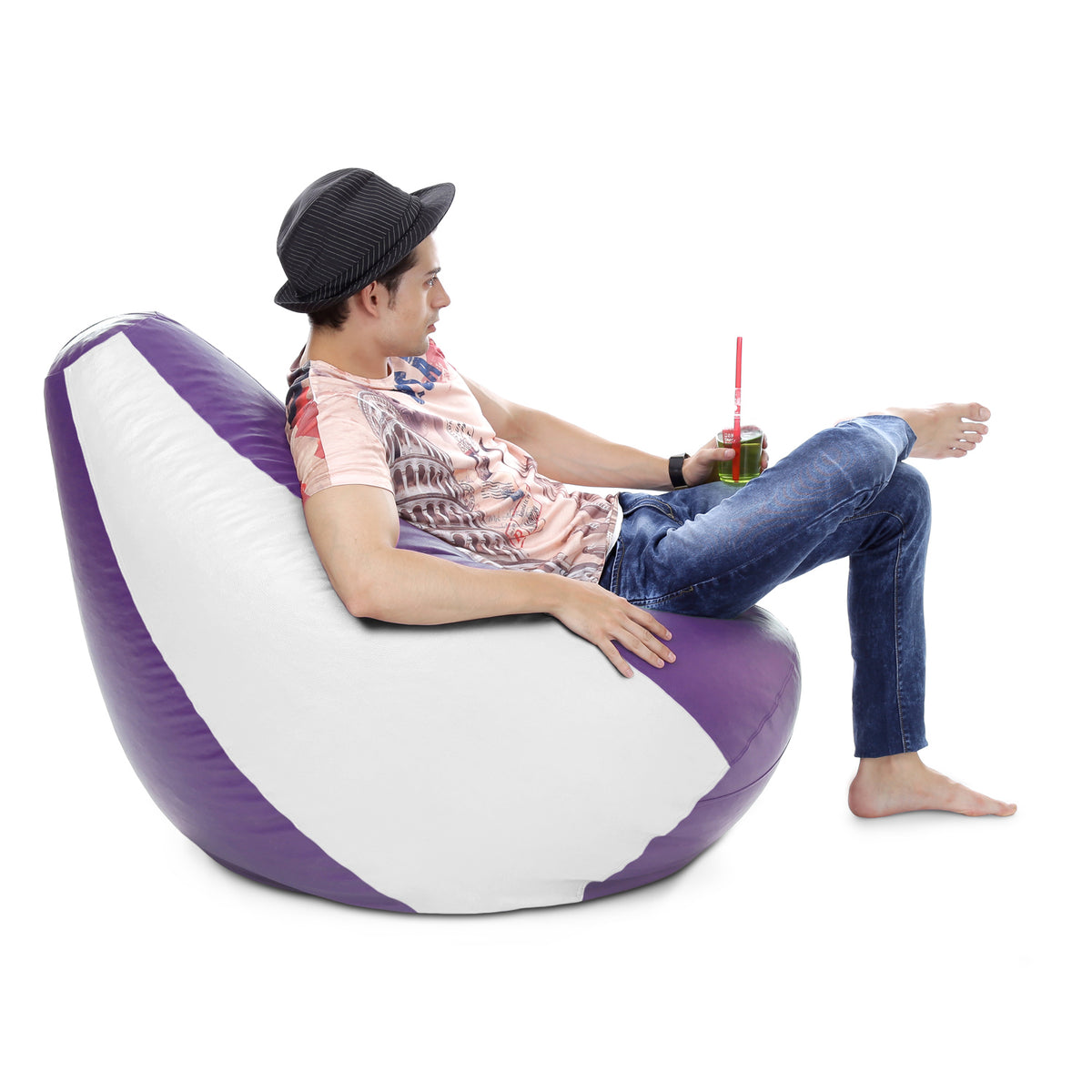 Style Homez Premium Leatherette Classic Bean Bag XXXL Size Purple White Color Filled with Beans Fillers