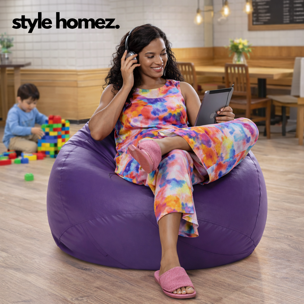 Style Homez Premium Leatherette Classic Bean Bag XXXL Size Purple Color Filled with Beans Fillers