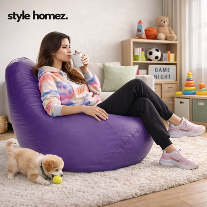 Style Homez Premium Leatherette Classic Bean Bag XXXL Size Purple Color Filled with Beans Fillers