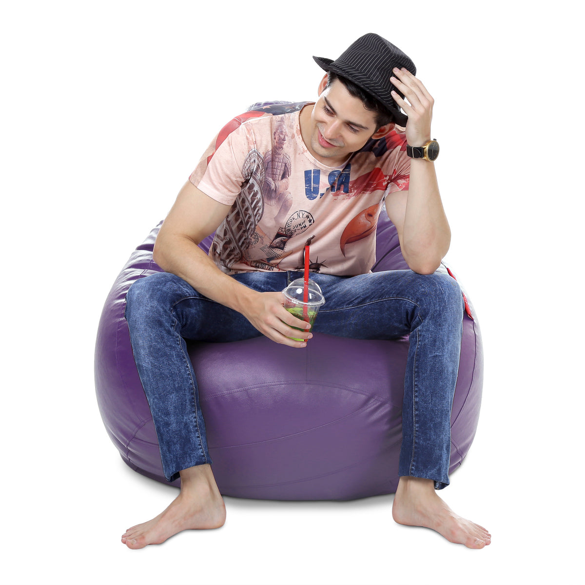 Style Homez Premium Leatherette Classic Bean Bag XXXL Size Purple Color Filled with Beans Fillers