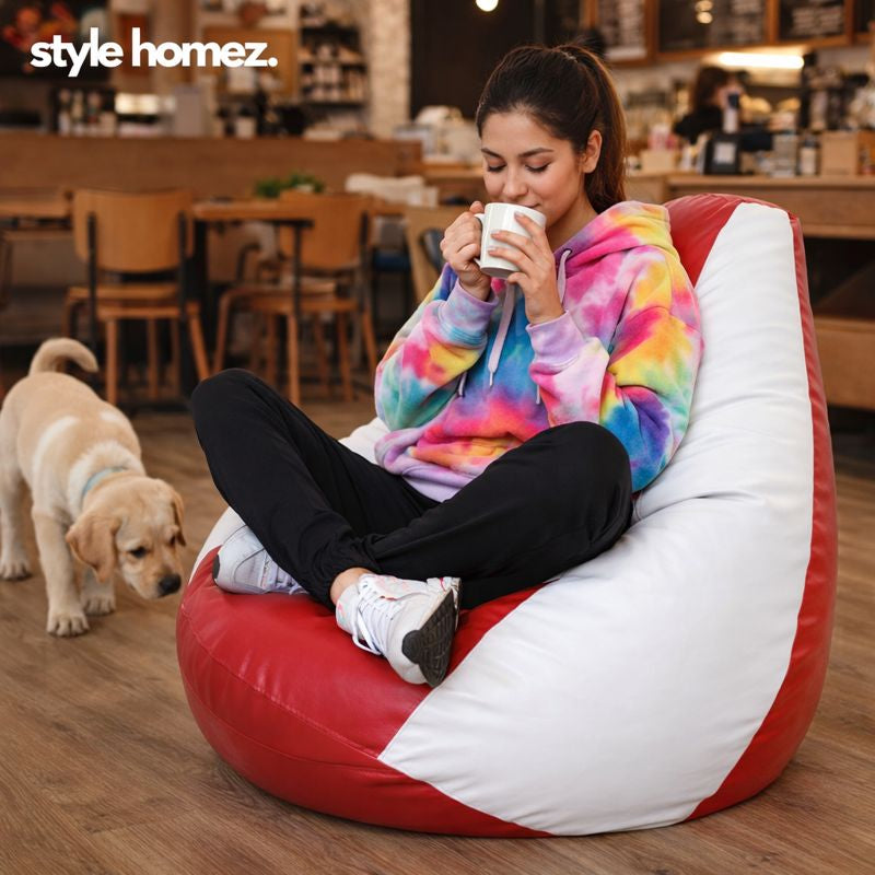 Style Homez Premium Leatherette Classic Bean Bag XXXL Size Red White Color Filled with Beans Fillers