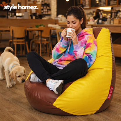 Style Homez Premium Leatherette Classic Bean Bag XXXL Size Tan Yellow Color Filled with Beans Fillers