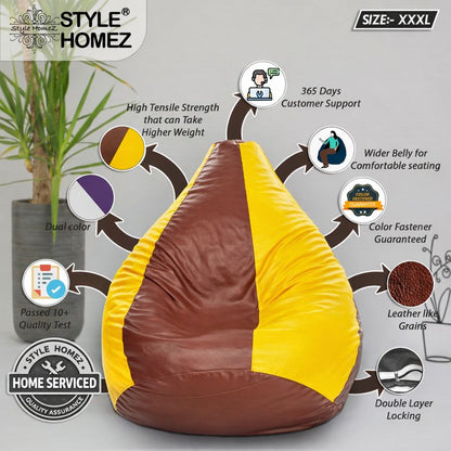 Style Homez Premium Leatherette Classic Bean Bag XXXL Size Tan Yellow Color Filled with Beans Fillers