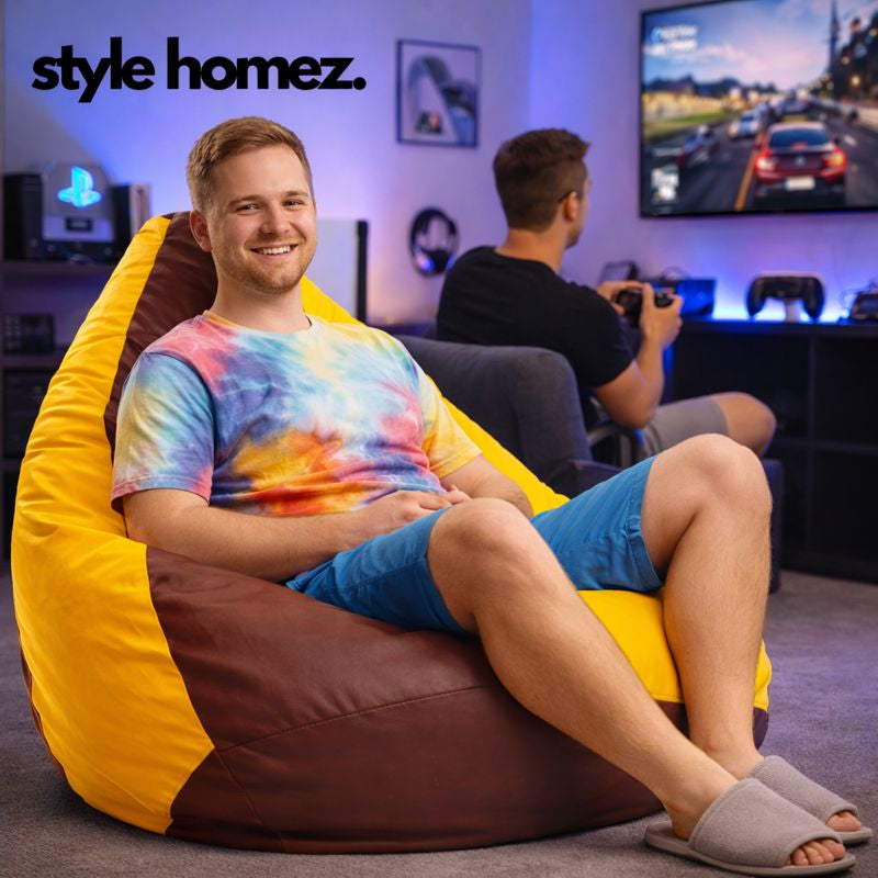 Style Homez Premium Leatherette Classic Bean Bag XXXL Size Tan Yellow Color Filled with Beans Fillers
