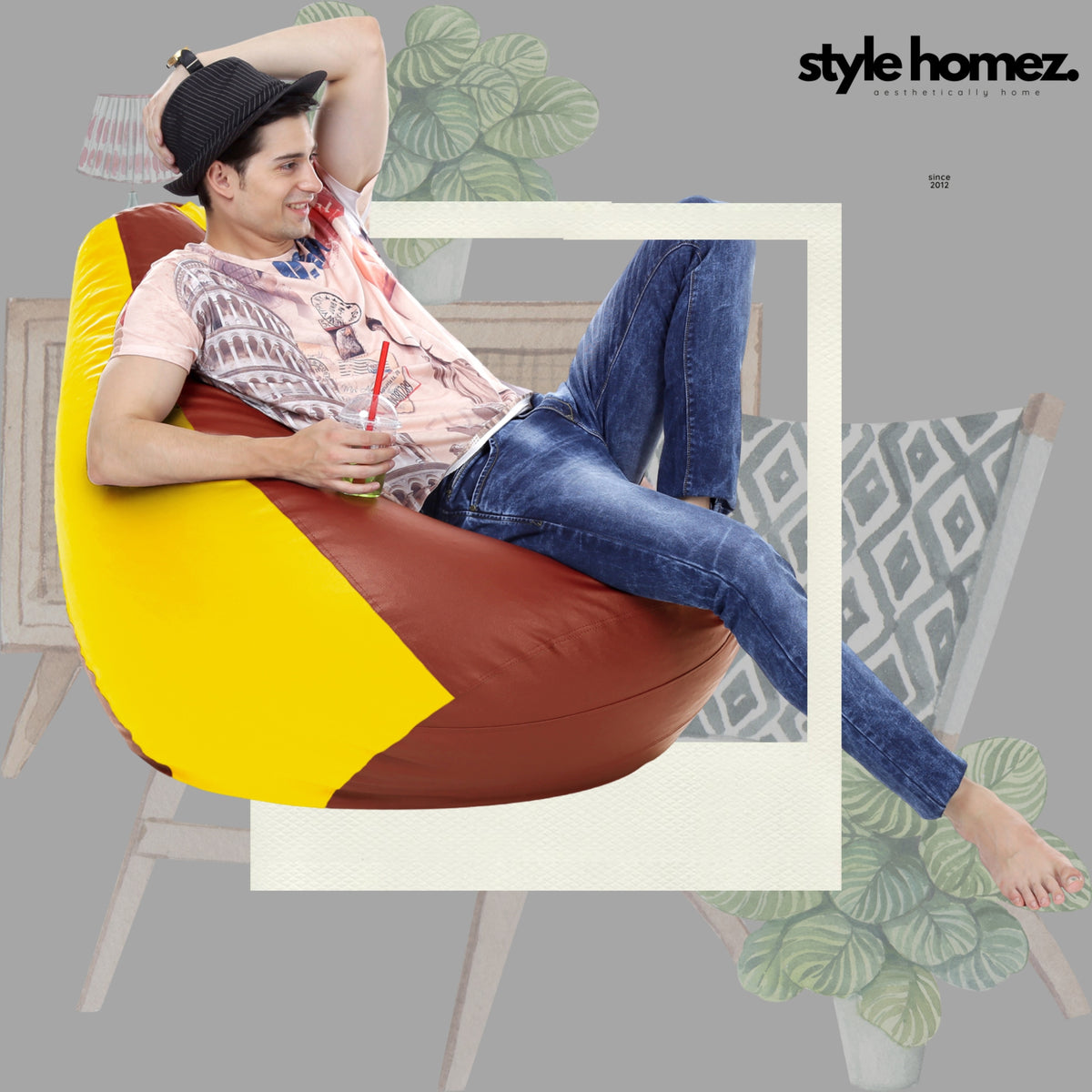 Style Homez Premium Leatherette Classic Bean Bag XXXL Size Tan Yellow Color Filled with Beans Fillers