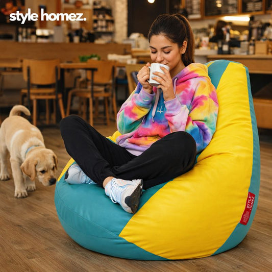 Style Homez Premium Leatherette Classic Bean Bag XXXL Size Teal Yellow Color Filled with Beans Fillers