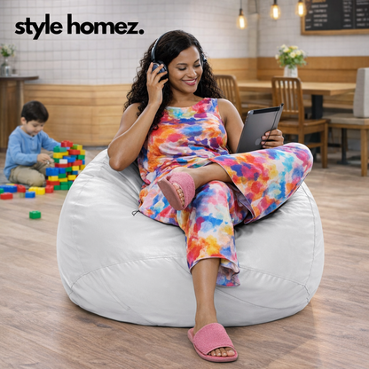 Style Homez Premium Leatherette Classic Bean Bag XXXL Size White Color Filled with Beans Fillers