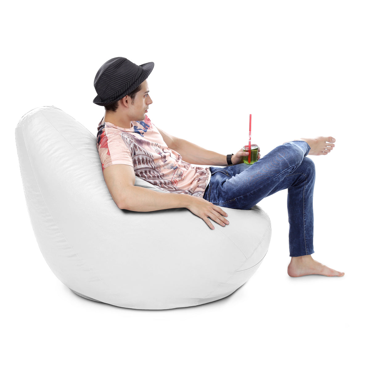 Style Homez Premium Leatherette Classic Bean Bag XXXL Size White Color Filled with Beans Fillers