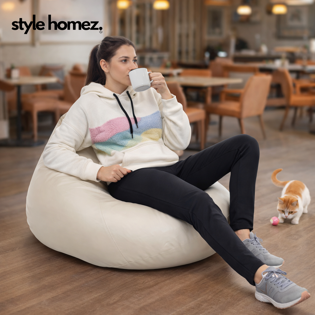 Style Homez HUMBUG, Premium Leatherette Fabric Lounger XL Bean Bag BEIGE Color Filled with Beans Fillers