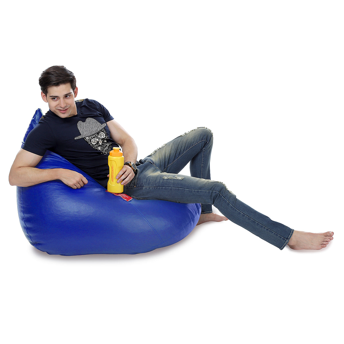 Style Homez HUMBUG, Premium Leatherette Fabric Lounger XL Bean Bag Blue Color Filled with Beans Fillers