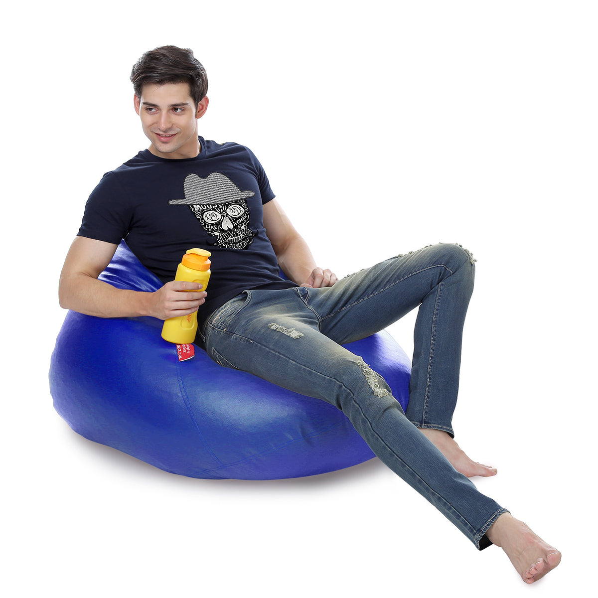 Style Homez HUMBUG, Premium Leatherette Fabric Lounger XL Bean Bag Blue Color Filled with Beans Fillers