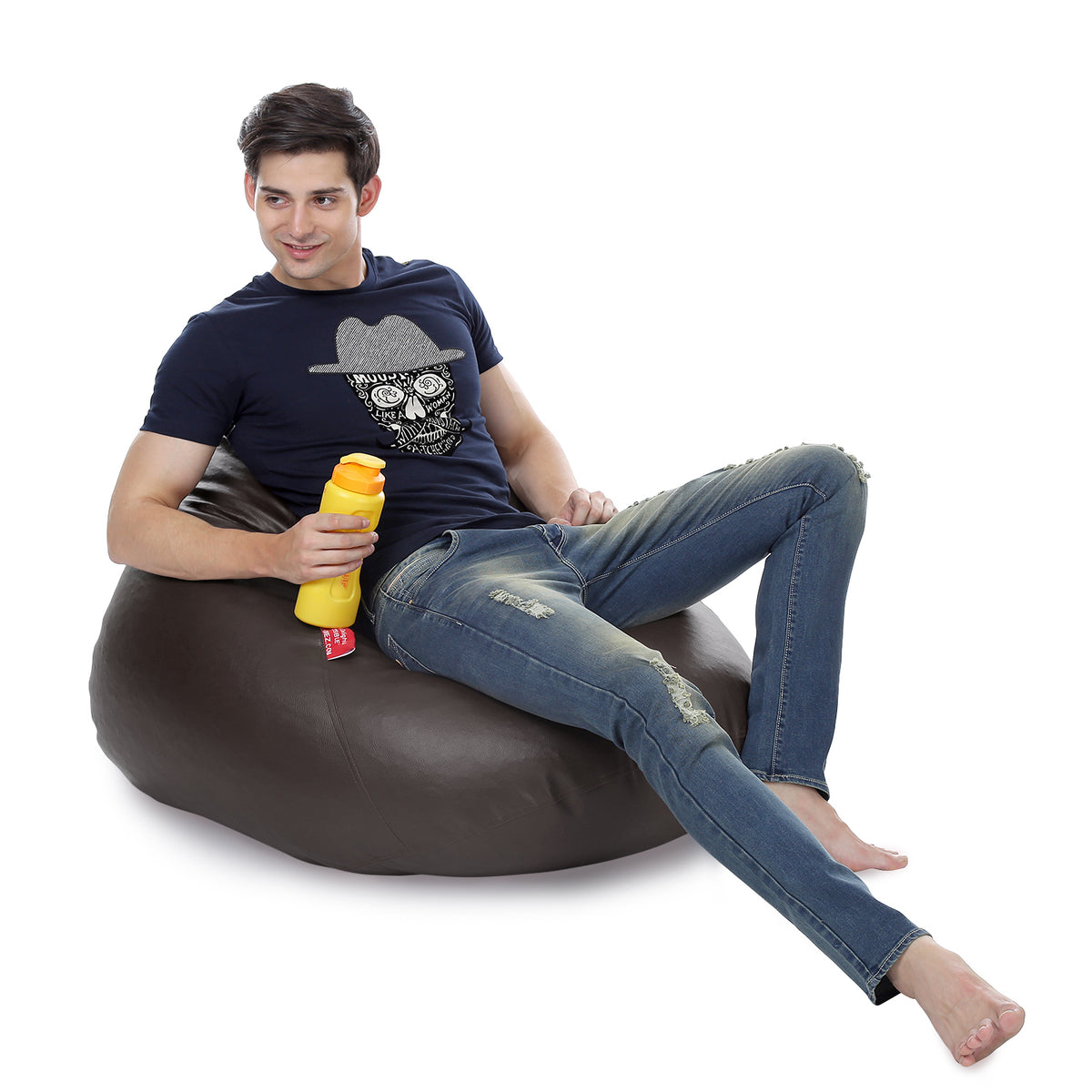 Style Homez HUMBUG, Premium Leatherette Fabric Lounger XL Bean Bag Chocolate Brown Color Filled with Beans Fillers