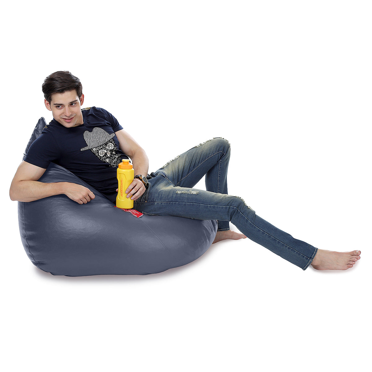 Style Homez HUMBUG, Premium Leatherette Fabric Lounger XL Bean Bag Grey Color Filled with Beans Fillers