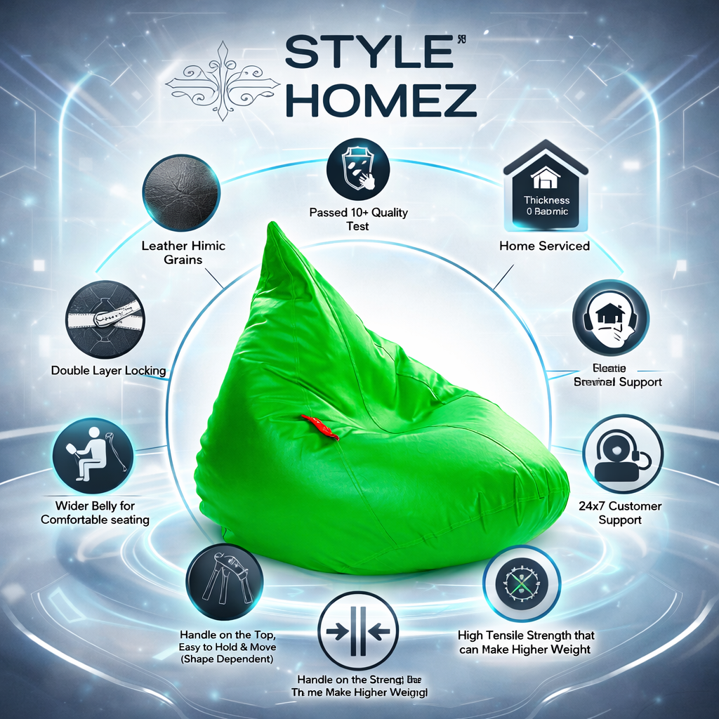 Style Homez HUMBUG, Premium Leatherette Fabric Lounger XL Bean Bag Green Color Filled with Beans Fillers