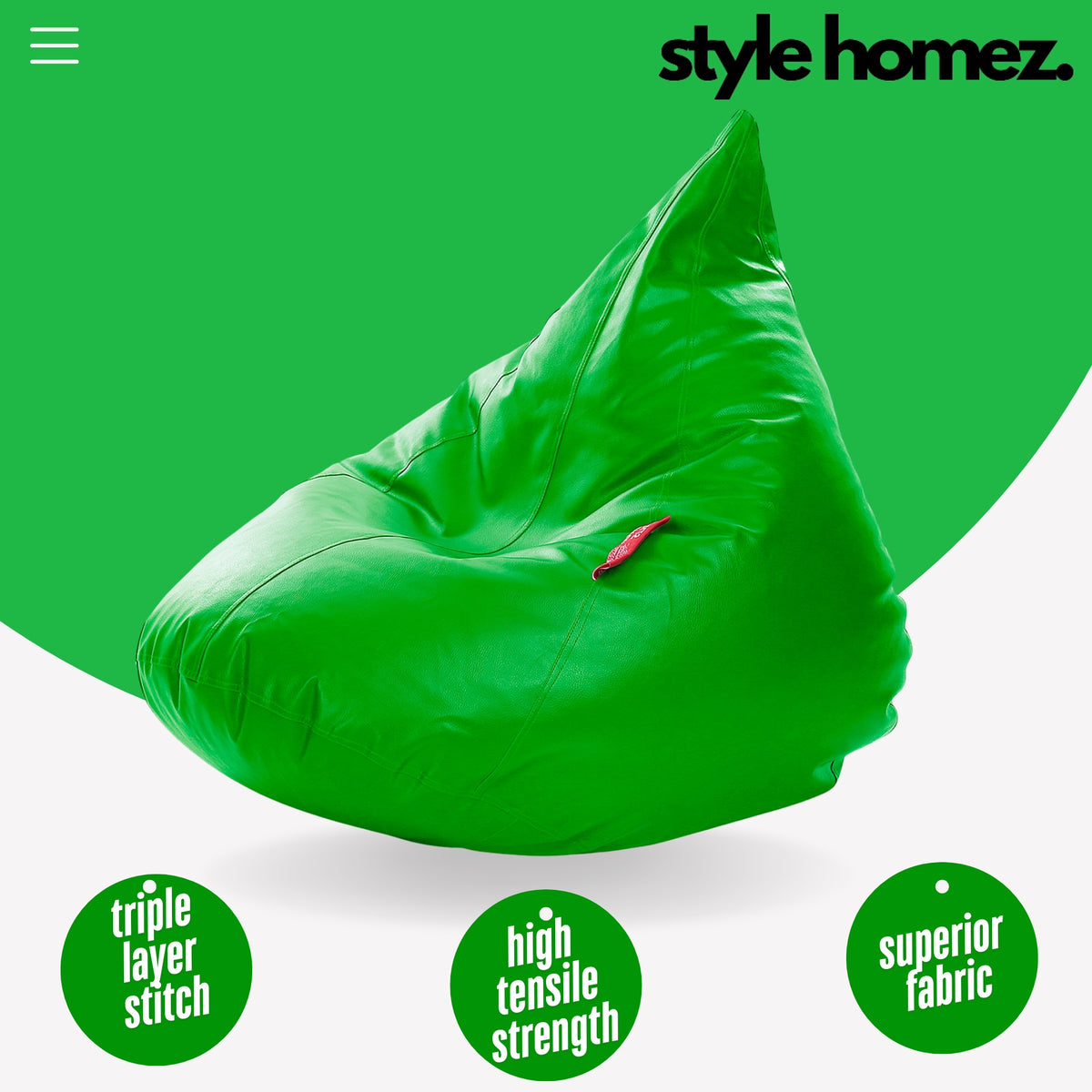 Style Homez HUMBUG, Premium Leatherette Fabric Lounger XL Bean Bag Green Color Filled with Beans Fillers