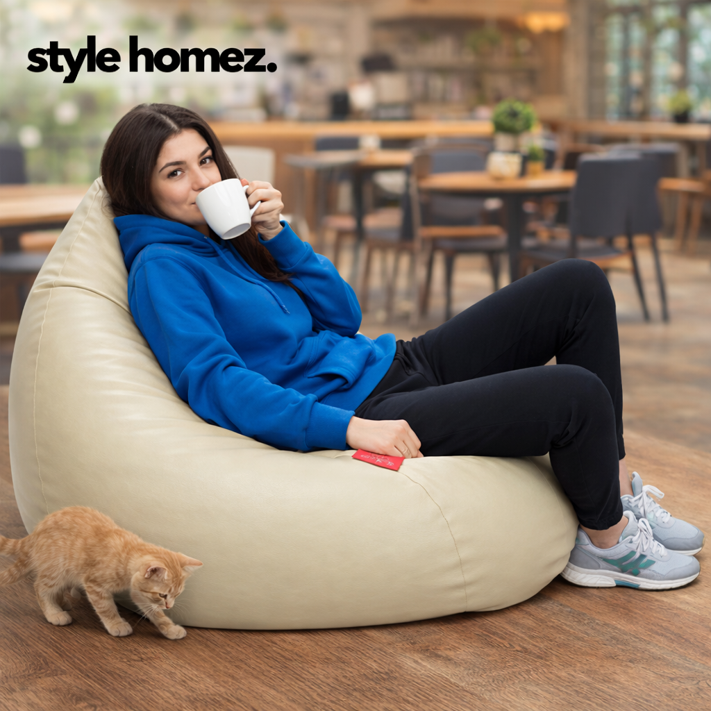 Style Homez HUMBUG, Premium Leatherette Fabric Lounger XXL Bean Bag BEIGE Color Filled with Beans Fillers
