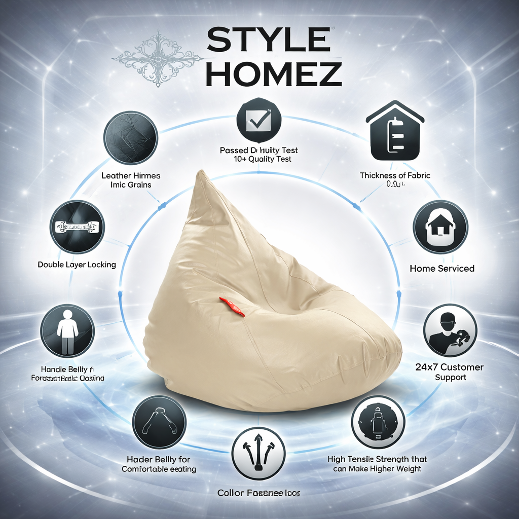 Style Homez HUMBUG, Premium Leatherette Fabric Lounger XXL Bean Bag BEIGE Color Filled with Beans Fillers