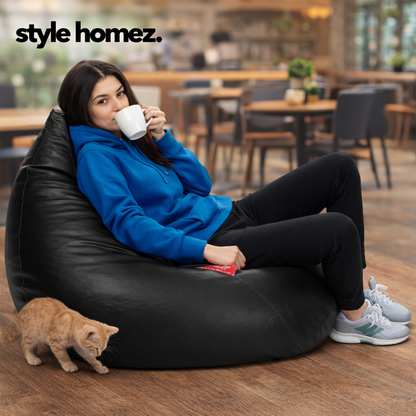 Style Homez HUMBUG, Premium Leatherette Fabric Lounger XXL Bean Bag Black Color Filled with Beans Fillers