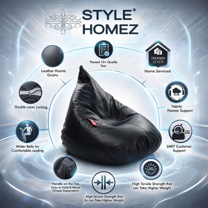Style Homez HUMBUG, Premium Leatherette Fabric Lounger XXL Bean Bag Black Color Filled with Beans Fillers