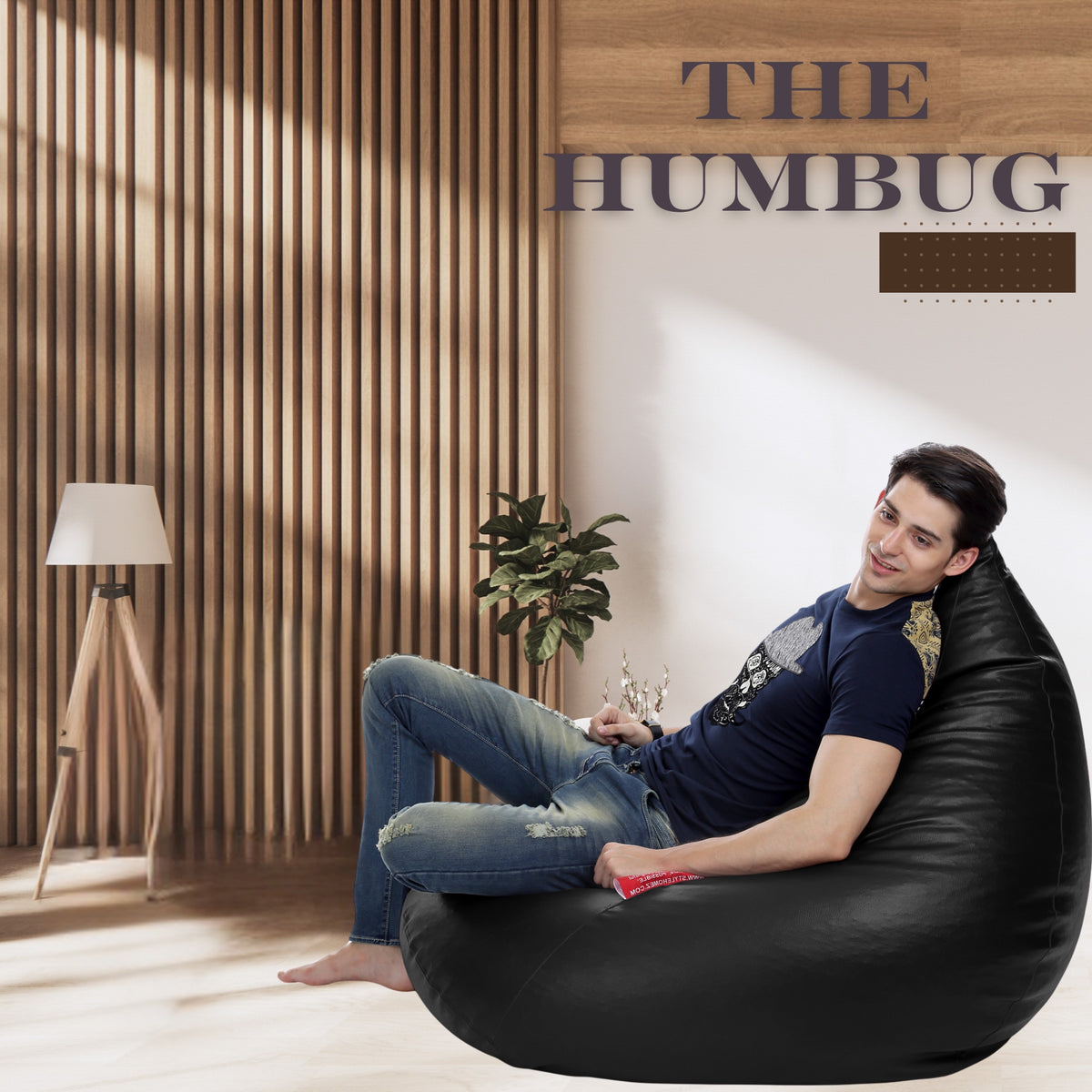 Style Homez HUMBUG, Premium Leatherette Fabric Lounger XXL Bean Bag Black Color Filled with Beans Fillers