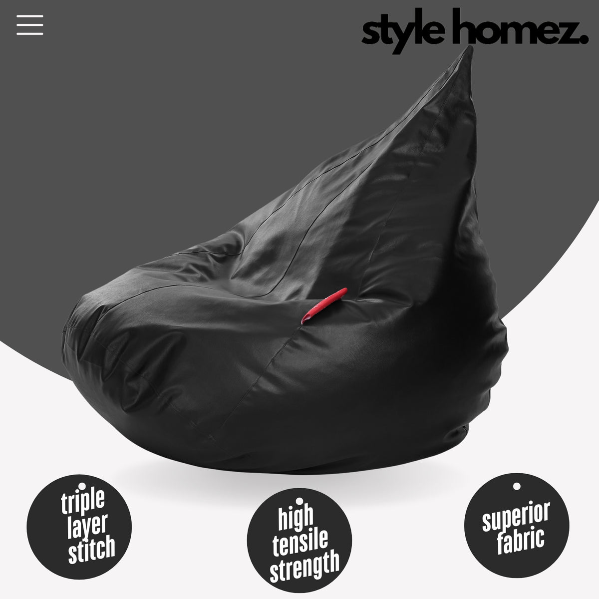 Style Homez HUMBUG, Premium Leatherette Fabric Lounger XXL Bean Bag Black Color Filled with Beans Fillers