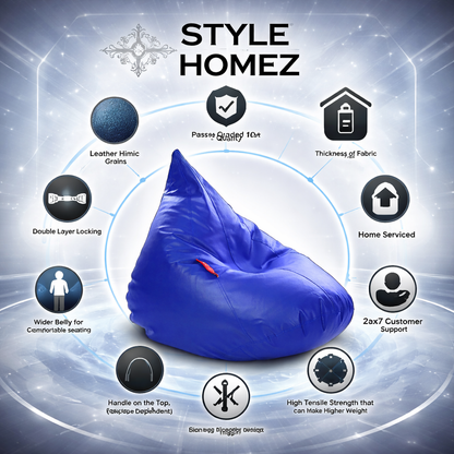 Style Homez HUMBUG, Premium Leatherette Fabric Lounger XXL Bean Bag Blue Color Filled with Beans Fillers