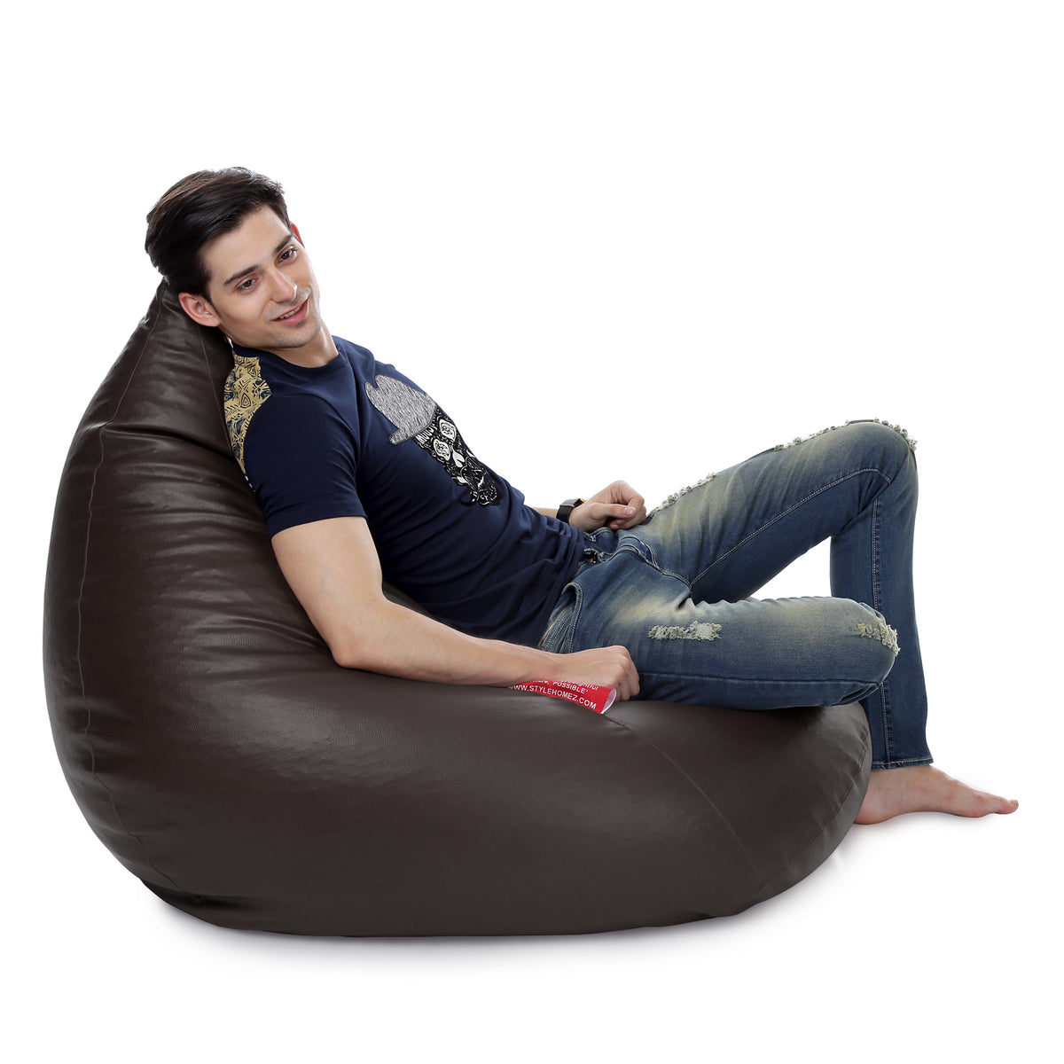 Style Homez HUMBUG, Premium Leatherette Fabric Lounger XXL Bean Bag Chocolate Brown Color Filled with Beans Fillers