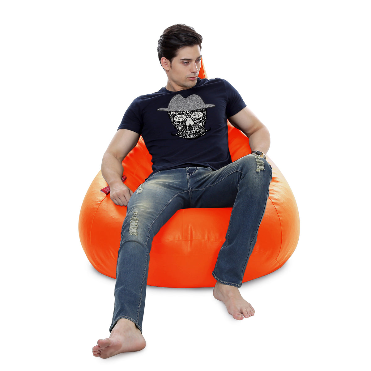 Style Homez HUMBUG, Premium Leatherette Fabric Lounger XXL Bean Bag Orange Color Filled with Beans Fillers