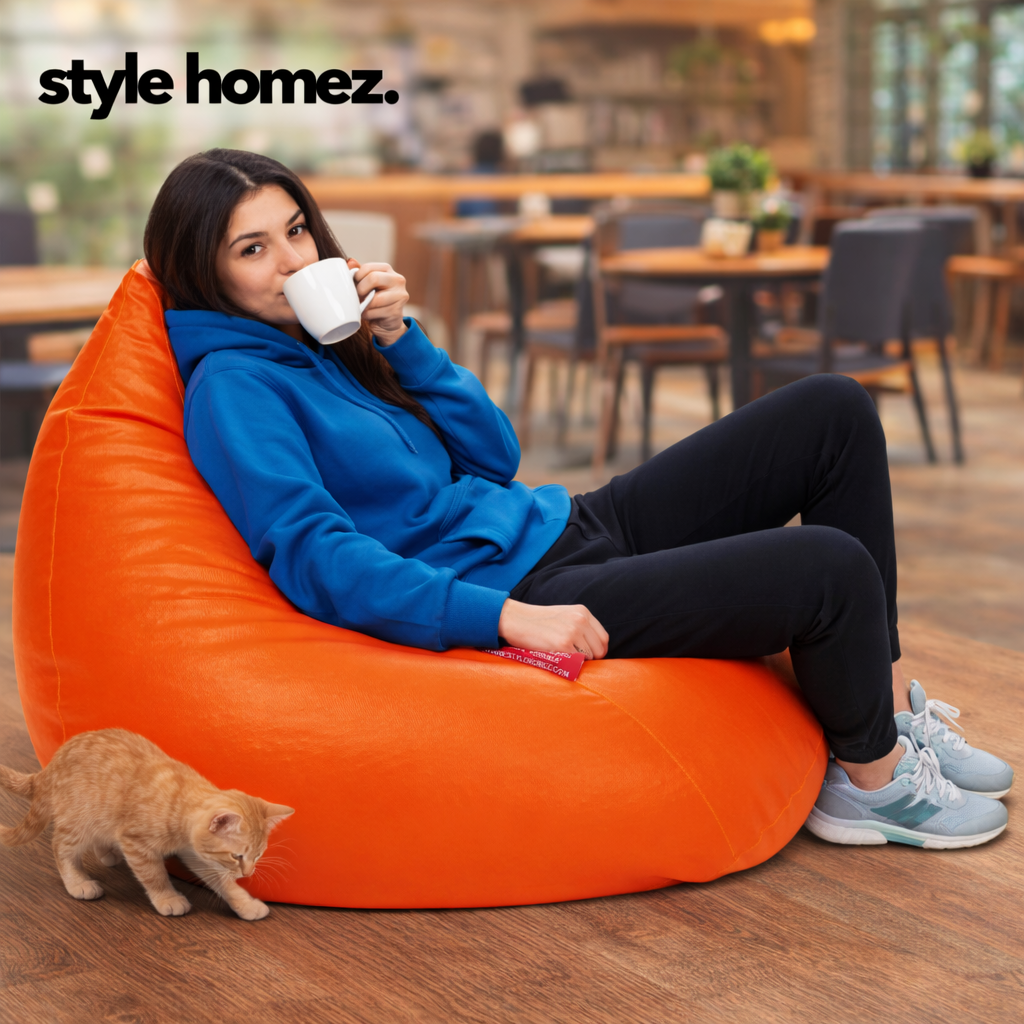 Style Homez HUMBUG, Premium Leatherette Fabric Lounger XXL Bean Bag Orange Color Filled with Beans Fillers