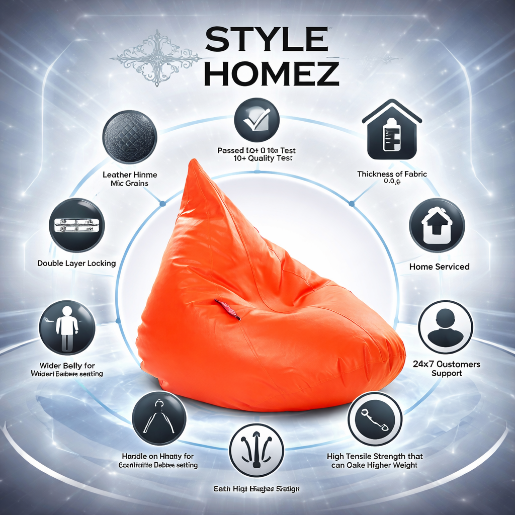 Style Homez HUMBUG, Premium Leatherette Fabric Lounger XXL Bean Bag Orange Color Filled with Beans Fillers