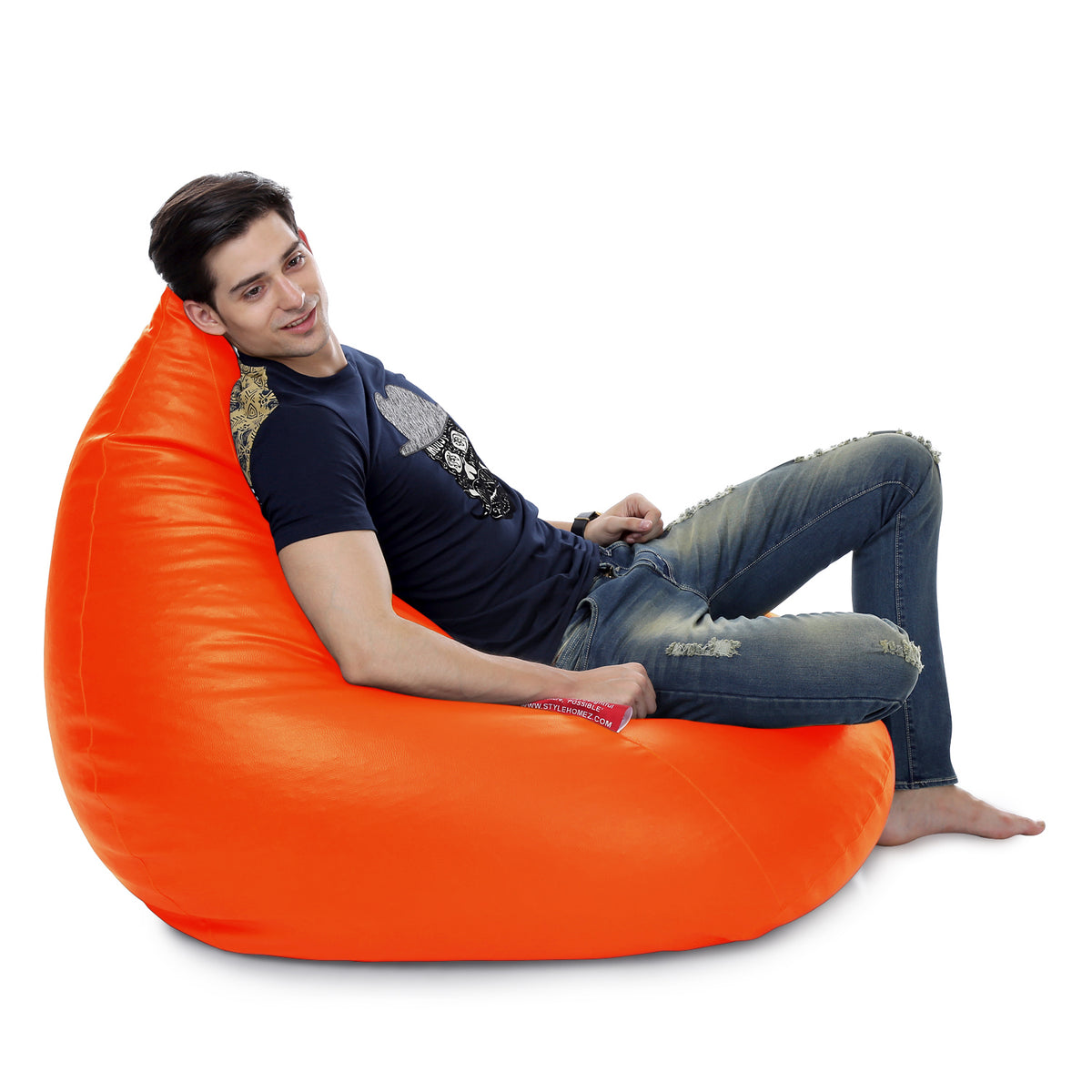 Style Homez HUMBUG, Premium Leatherette Fabric Lounger XXL Bean Bag Orange Color Filled with Beans Fillers