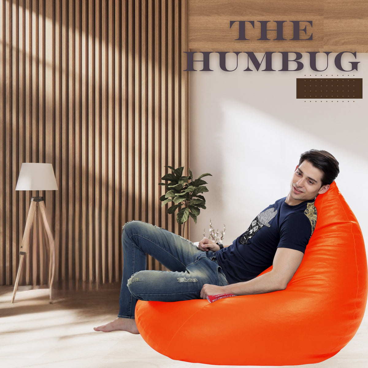 Style Homez HUMBUG, Premium Leatherette Fabric Lounger XXL Bean Bag Orange Color Filled with Beans Fillers