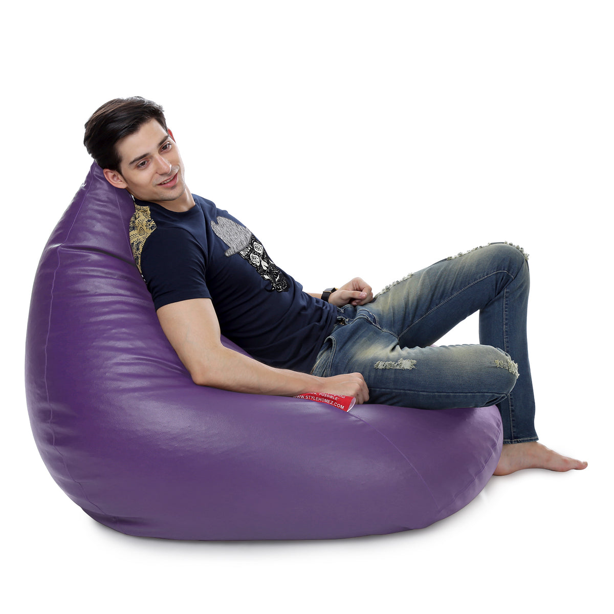 Style Homez HUMBUG, Premium Leatherette Fabric Lounger XXL Bean Bag Purple Color Filled with Beans Fillers