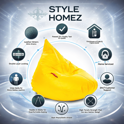 Style Homez HUMBUG, Premium Leatherette Fabric Lounger XXL Bean Bag Yellow Color Filled with Beans Fillers