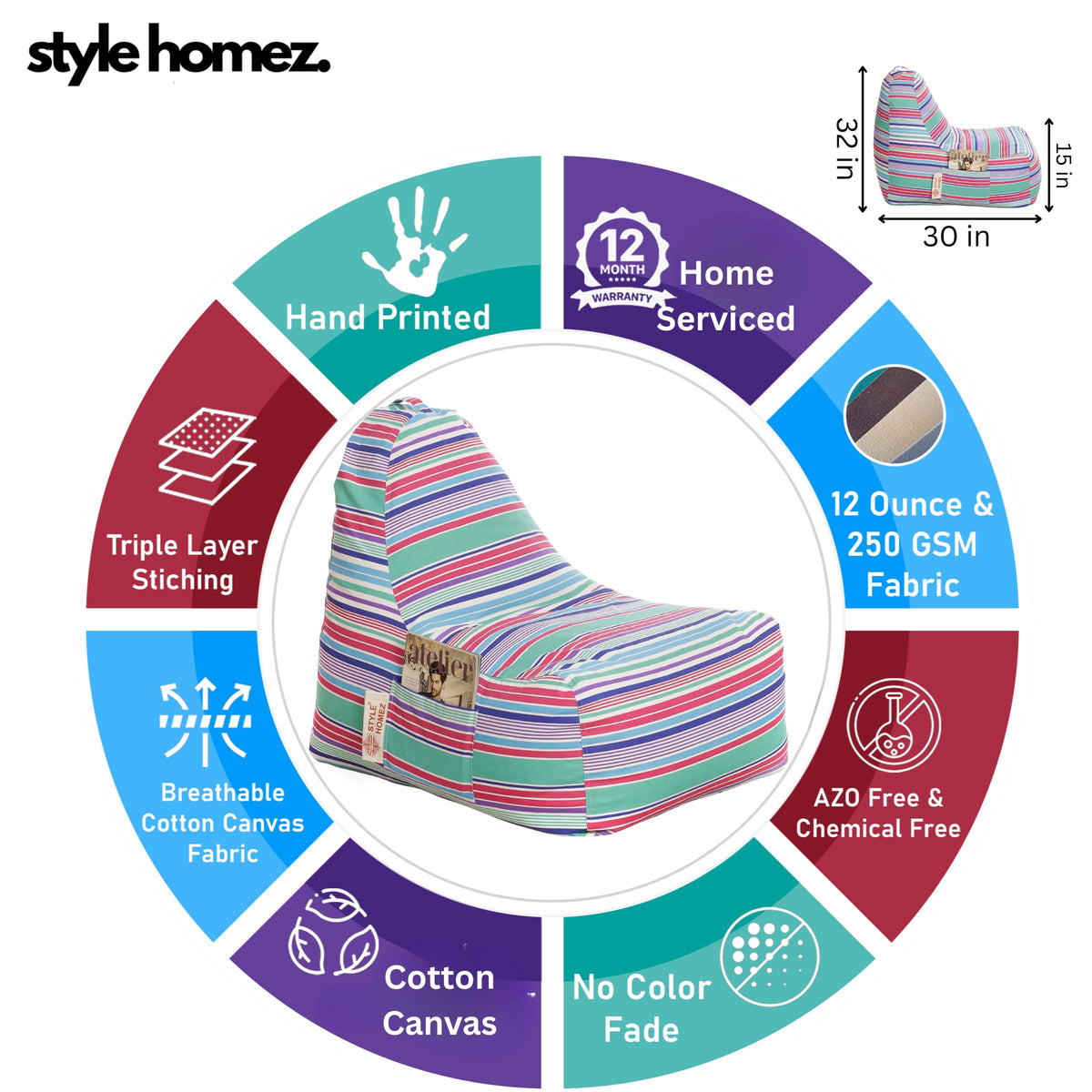 Style Homez XXL HACKEY BEAN BAG, Cotton Canvas Stripes Printed, Filled With Beans Fillers