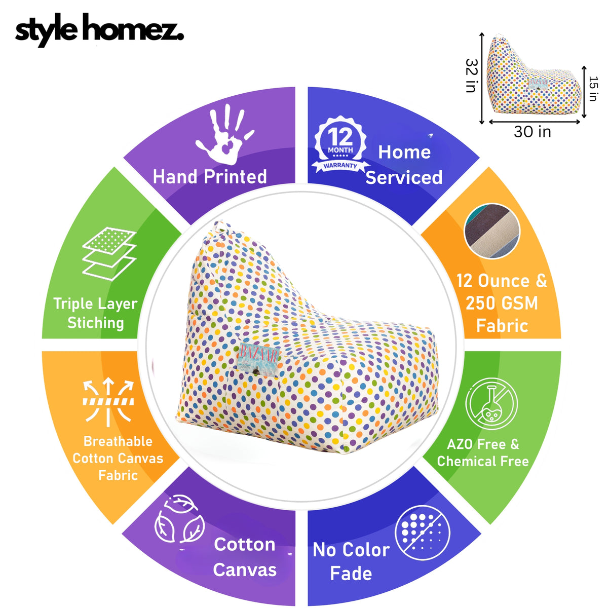 Style Homez Hackey Cotton Canvas Polka Dots Printed Bean Bag XXL XXL Size Filled With Beans Fillers